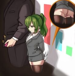 0_danvil_0 1boy 1girls bubble_butt fat_ass female female_masturbation green_eyes green_hair igarashi_futaba_(shiromanta) larger_male looking_away multiple_views no_panties office_lady pink_vibrator presentation remote_control_vibrator senpai_ga_uzai_kouhai_no_hanashi short_skirt size_difference skirt smaller_female stealth_masturbation stockings sweatdrop sweating thick_ass thick_thighs thighhighs thighs uniform unprofessional_behavior unseen_male_face vaginal vaginal_object_insertion vibrator vibrator_in_pussy vibrator_in_thighhighs vibrator_remote