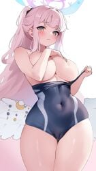 :( blue_archive blush cameltoe competition_swimsuit large_breasts large_thighs looking_at_viewer mika_(blue_archive) mika_(swimsuit)_(blue_archive) ndgd off_shoulder one-piece_swimsuit swimsuit_down tea_party_(blue_archive) thick_thighs topless trinity_general_school_student wide_hips