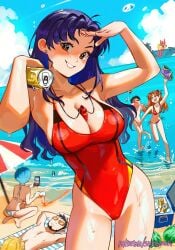 asuka_langley_sohryu bare_shoulders bare_thighs breasts female gendo_ikari male misato_katsuragi neon_genesis_evangelion outdoors outside rei_ayanami shinji_ikari sleeveless slim_waist snegovski swimsuit thong thong_swimsuit v-line