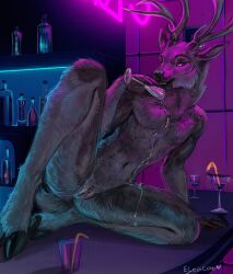 absurd_res alcohol andromorph anthro antlers bar beverage biped black_nose blue_eyes cuntboy deer eleacat fingers fur genitals hair hi_res hooved_fingers hooves horn intersex jayne_doe mammal nude pussy smile solo tail