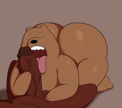 2024 absurd_res all_fours anthro ass balls bear big_balls big_butt big_penis black_nose brown_background brown_bear brown_body brown_ears brown_fur cartoon_network closed_eyes colossalstars dark-skinned_male digital_media_(artwork) duo fur genitals grizzly_(we_bare_bears) grizzly_bear hand_on_leg hand_on_penis hi_res huge_butt licking looking_pleasured lying male male/male mammal on_back oral penile penis penis_lick sex simple_background teeth thick_thighs three-quarter_view tongue tongue_on_penis tongue_out ursine vein veiny_penis we_bare_bears