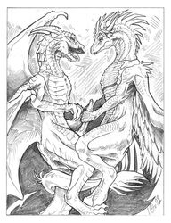 2008 ambiguous_gender border dragon duo erection feathered_wings feral greyscale handjob horn knot male monochrome open_mouth penis penis_grab precum scalie side_view slash0x western_dragon wings