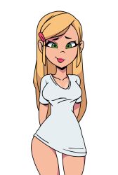 1girls blonde_hair bottomless camp_pinewood_remix collarbone eyebrows eyelashes green_eyes hair_ornament hair_pin lipstick long_hair looking_at_viewer melinda_(vaultman) pink_lipstick smirk solo tagme tight_clothing transparent_background vaultman white_shirt wide_hips