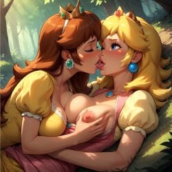 2girls ai_generated bazoombasakimbo breasts_out breasts_to_breasts clothing dress forest french_kiss grabbing_breasts laying_down laying_on_person lesbian lesbian_couple lesbian_kiss lesbians mario_(series) medium_breasts nintendo princess_daisy princess_peach tongue_kiss tongue_touching_another's_tongue tongues_touching yuri