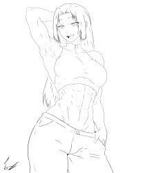 abs armpits belly_button borkobalganov breasts clothed female flexing jujutsu_kaisen looking_at_viewer muscular_female no_color shredded sketch solo strong_female tsukumo_yuki v_line wide_hips yuki_tsukumo