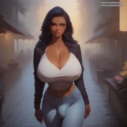 1girls ai_generated black_hair bulge bulge_through_clothing dark-skinned_female desgens futanari huge_breasts solo solo_futa