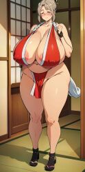 ai_generated bare_legs big_woman bigger_female blonde_hair blush breast_curtains breasts_bigger_than_head chubby_female closed_eyes curvy gigantic_breasts hairbow huge_breasts labiata_prototype_(last_origin) large_breasts last_origin light-skinned_female light_skin loincloth mai_shiranui_(cosplay) mature_female milf pelvic_curtain pochi thick_female thick_thighs thighs voluptuous voluptuous_female wide_hips