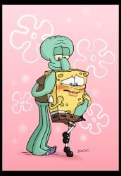 blush cephalopod doc1999 dubious_consent embarrassed male male_only nickelodeon no_visible_genitalia non-human octopodiform octopus pastel sea_sponge simple_background spongebob_squarepants spongebob_squarepants_(character) spongebob_squarepants_(series) squidward_tentacles toony yaoi