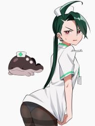 1girls clodsire embarrassed female_focus game_freak genjitsu_o_miro green_hair nintendo nurse nurse_uniform pokemon pokemon_(species) pokemon_sv red_eyes rika_(pokemon) solo_focus tagme white_background