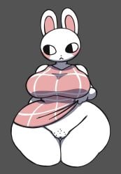 anthro black_eyes breasts clothed clothing dress female genitals grey_background hi_res lagomorph leporid mammal nsfwoaf pubes pussy rabbit raised_clothing raised_dress rental_(game) shaved_pussy simple_background solo thick_thighs umi_(rental) white_body