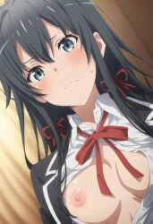 ai_generated black_hair blood_type_o blue_eyes my_teen_romantic_comedy_snafu no_bra one_breast_out one_breast_out_of_clothes school_uniform sobu_high_school_uniform yukinoshita_yukino