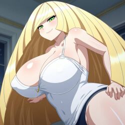 ai_generated big_breasts blonde_hair blush busty cleavage covered_nipples creatures_(company) curvy facing_viewer female female female_only game_freak green_eyes hi_res highres huge_breasts long_hair lusamine_(pokemon) milf mother navel navel_visible_through_clothes nintendo panties pantyshot perky_breasts pokemon pokemon_(game) pokemon_sm pokemon_trainer pony_diffusion_xl posing seraphim_ai shiny_skin smile solo stable_diffusion tank_top thick_thighs very_long_hair