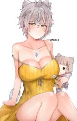 :3 beady_eyes big_breasts blush cat_ears catgirl core_crystal female gold_eyes grey_hair holding_object holding_plushie looking_at_viewer meidza_d na'el_(xenoblade) plushie shiny_hair shiny_skin short_gray_hair short_hair swimsuit tagme tie xenoblade_(series) xenoblade_chronicles_3 yellow_swimsuit