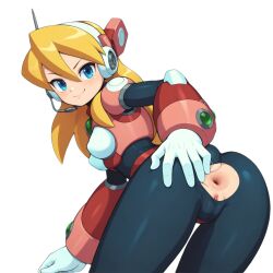 alia anus anus_peek armor ass_focus back_view blonde_hair blue_eyes bodysuit grabbing_own_ass headphones hole_in_pants long_hair mega_man mega_man_x robot_girl robot_humanoid showing_ass smile smiley_face tagme