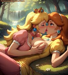 2girls ai_generated artist_name bazoombasakimbo blonde_hair blue_eyes blush breasts brown_hair chocker closed_eyes clothing crown dress earrings female female_only fondling_breast hairband jewelry kissing mario_(series) medium_breasts multiple_girls nintendo princess_daisy princess_peach web_address yuri