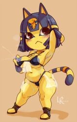 1girls animal_crossing ankha areolae big_breasts bikini bikini_bottom bikini_top blue_eyes blue_hair breasts breasts_out cat_ears cat_tail female female_only glacierk lactating lactation large_breasts leokingdom looking_back nintendo nipples shortstack solo thick_thighs thighs wide_hips yellow_body yellow_skin