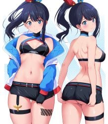 1girls adjusting_clothes ass back back_view backboob belt belt_buckle black_hair black_skirt blue_eyes blush bottomwear breasts cleavage criss-cross_halter criss_cross_top cross_halter_bikini female female_only fully_clothed hair hair_ornament halter_bikini jacket legwear medium_breasts microskirt miniskirt nanikairu open_jacket pencil_skirt pixiv ponytail revealing_clothes skimpy skimpy_clothes skirt smile solo solo_female ssss.gridman takarada_rikka thick_thighs thigh_strap thighs topwear tugging_clothing