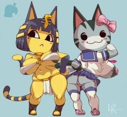 2girls :< animal_crossing ankha anthro areola areolae ass big_breasts blue_hair blush blush_lines breasts cat_ears cat_tail clothing curvy_figure dark_nipples domestic_cat egyptian felid feline felis female female_only fur furry furry_only glacierk jewelry large_breasts leokingdom loincloth lolly_(animal_crossing) looking_at_viewer looking_back navel nintendo panties school_uniform shortstack simple_background standing tail thick_thighs thighhighs thighs video_games wide_hips yellow_fur