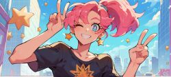 ai_generated blue_eyes femboy male_only mercury_(midas_hentai) midas_hentai peace_sign pink_hair ponytail solo winking_at_viewer