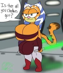 1futa 1girls ahsoka_tano background ball_bulge balls balls_bulge balls_outline barely_clothed barely_contained barely_contained_breasts big_balls big_penis blue_eyes blurred_background blurry_background boots bracers breast_focus breasts bulge bulge_through_clothing bulge_under_clothes cat_humanoid cat_nose cat_tail catgirl cleavage cleavage_overflow clothes clothing cock_bulge color colored copyright_request detailed_background dual_wielding eyelashes female flaccid flaccid_penis focused front_view fur fusion fusion_character futa_focus futa_only futanari garfield_(series) garfield_the_cat genitals hair half-closed_eyes intersex leggings lightsaber long_hair mad_(series) narrowed_eyes onyx_twilight orange_fur penis penis_bulge practically_nude revealing_clothes spacecraft spaceship_interior standing star_wars sudoku_(mad) talking talking_to_offscreen text text_bubble togruta topless weapon weapons