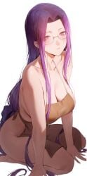 1girls apron blush breasts cleavage fate/grand_order fate/stay_night fate_(series) female female_only glasses kneeling large_breasts long_hair medusa_(fate) medusa_(rider)_(fate) naked_apron purple_hair rider rororo solo tagme