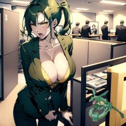 ai ai_generated curvy electabuzz green_hair huge_breasts humanization nintendo office office_lady pokemon pokewomen rayza standing suit twintails yellow_eyes