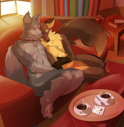 anthro balls brown_fur canine canine closed_eyes coffee coffee_(character) collar couple cuddling duo fox fur gay grey_fur husky javkiller kave male mammal nude romantic sheath smile