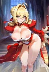 1girls ai_generated bare_arms bare_legs bare_shoulders bare_thighs big_breasts blonde_hair blush clothed clothing color fate_(series) female female_focus female_only green_eyes hi_res large_breasts light-skinned_female light_skin looking_at_viewer lord_tsunoko nero_claudius_(fate) nipples short_hair solo solo_female tagme thick_thighs tsunoko_(artist)