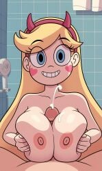 1girls ai_generated areolae bathroom big_breasts blonde_hair blue_eyes bonnieaiart boobjob breasts breasts_squeezed_together cum cum_on_breasts cumshit ejaculation ejaculation_between_breasts happy happy_sex huge_breasts long_hair looking_at_viewer male/female nipples paizuri penis pov smile star_butterfly star_vs_the_forces_of_evil tagme