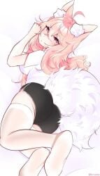 ass_focus big_ass big_breasts black_shorts booty_shorts feet fluffy_tail fox_ears fox_girl imminent_sex in_bed looking_at_viewer looking_back remiune socks waiting white_shirt