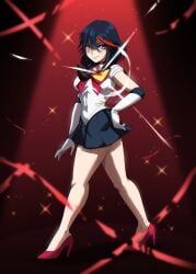 1girls bishoujo_senshi_sailor_moon black_hair blue_eyes blush busty clothing elfoppai gloves high_heels kill_la_kill legs light-skinned_female light_skin matoi_ryuuko red_high_heels red_strand_of_hair sailor_mars_(cosplay) sailor_scout sailor_uniform senketsu short_skirt skirt