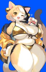 big_breasts bikini breasts cleavage feline female furry golden_bikini huge_breasts kishibe thick_thighs wide_hips