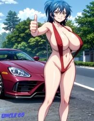 1girls ai_generated armpits athletic_female big_breasts car cleavage dark_blue_hair huge_breasts legs looking_at_viewer manyuu_chifusa manyuu_hikenchou navel outdoors ponytail posing red_bikini samurai self_upload sling_bikini slingshot_swimsuit smiling stable_diffusion standing thighs thumbs_up unclego yellow_eyes