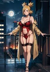 1girls adapted_costume ai_generated alex-schura arm_support artist_name balcony bare_chest bare_midriff bare_thighs barely_clothed big_breasts black_socks blonde_hair boruto:_naruto_next_generations bra breasts city_background cleavage coat curvaceous curvy curvy_figure female female_only garter_belt garter_straps hair_over_one_eye heels huge_breasts large_breasts lingerie lipstick makeup mature mature_female midriff milf mostly_nude nai_diffusion naruto naruto_(series) panties pendant ponytail quad_tails railing revealing_clothes sagging_breasts skimpy skimpy_clothes socks socks_and_heels solo solo_focus stable_diffusion standing stockings straps teal_eyes temari thigh_socks thighhighs trenchcoat voluptuous watermark wide_hips wide_sleeves