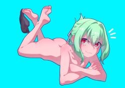 1boy :3 ass ass_up blue_background feet feet_up femboy green_hair hej looking_at_viewer male_nipples naked_male otori-tan red_eyes seitokai_nimo_anawa_aru! underwear underwear_around_foot