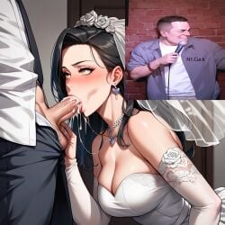 1girls 2boys ai_generated balding black_hair blowjob breasts bride cheating cheating_girlfriend cheating_wife cleavage cuckold cum cum_in_mouth cum_inside detached_sleeves dress fellatio medium_breasts netorare straight veil wedding wedding_dress wedding_veil white_dress