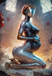 1girls ai_generated ass atomic_heart big_belly blonde_hair bodysuit braid breasts covered_nipples crown_braid faceless faceless_female from_side helmet high_heels humanoid_robot kneeling leotard medium_breasts philon pregnant red_star robot solo stable_diffusion star_(symbol)