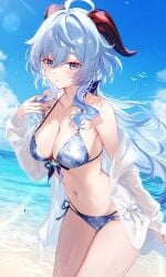 1girls 2024 ai ai_generated alternate_costume beach belly_button bikini blue_bikini blue_bikini_bottom blue_bikini_top blue_eyes blue_hair blue_nails bra cleavage clouds day female female_focus female_only front_view ganyu_(genshin_impact) genshin_impact horns hourglass_figure hoyoverse light-skinned_female light_skin long_hair long_horns looking_at_viewer mihoyo ocean outdoors poyon_na revealing_clothes revealing_swimsuit sand sky solo solo_female solo_focus standing summer swimsuit thong thong_bikini two_piece_swimsuit water