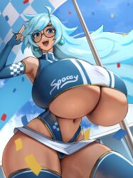 1girls blue_eyes blue_hair breasts commission female glasses hips huge_breasts light-skinned_female light_skin long_hair original original_character race_queen roresu thick_thighs thighs underboob wide_hips