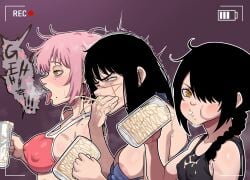 3girls areolae big_breasts black_hair bodily_fluids chainsaw_man cum cum_drinking cum_drip cum_in_mouth drinking drinking_cum erect_penis fami_(chainsaw_man) female female_only freshnsfw gokkun large_breasts nayuta_(chainsaw_man) nipple_bulge open_mouth pink_hair recording sideboob sisters tongue tongue_out yellow_eyes yoru_(chainsaw_man)