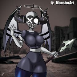 big_breasts clothed clothed_female exorcist_(hazbin_hotel) female female_only fully_clothed fully_clothed_female glowing_eyes halo hazbin_hotel looking_at_viewer mask masked masked_female monsterart sfw_version shiny shiny_clothes solo solo_female vaggie_(hazbin_hotel) voluptuous voluptuous_female