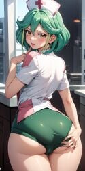 ai_generated ass ass_focus athenaasamiya blush clothing female green_hair hand_on_butt hi_res looking_at_viewer looking_back nurse orange_eyes rin_(yu-gi-oh!_arc-v) short_hair thick_ass thick_thighs yu-gi-oh! yu-gi-oh!_arc-v