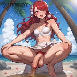 1futa ai_generated ball_hair balls beach bikini flaccid flaccid_penis flordulce foreskin futa_only futanari hairy_balls hairy_testicles hands_on_knees happy mitsuru_kirijo open_mouth outdoors peeing penis persona persona_3 pubic_hair red_eyes red_hair solo_futa spread_legs squatting testicles urinating urinating_futanari urination urine white_bikini