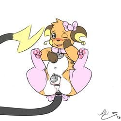 anthro anus blush bow chastity chastity_cage chastity_device collar crossdressing furry girly legwear male male_chastity nintendo one_eye_closed open_mouth plain_background pokemon pokemon_(species) raichu rairai rairai_(character) solo thigh_highs video_games white_background