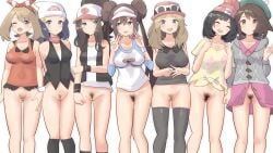 6+girls :d beanie blonde_hair blue_eyes blue_hair blush bottomless breasts brown_eyes brown_hair casual_nudity commentary creatures_(company) dawn_(pokemon) double_bun female female_only female_pubic_hair game_freak gloria_(pokemon) hat hi_res hilda_(pokemon) lineup long_hair looking_at_viewer may_(pokemon) may_(pokemon_oras) medium_breasts medium_hair multiple_girls nintendo no_panties open_mouth pokemon pokemon_(game) pokemon_bw pokemon_bw2 pokemon_dppt pokemon_oras pokemon_sm pokemon_ss pokemon_xy pubic_hair pussy rosa_(pokemon) selene_(pokemon) serena_(pokemon) serena_(pokemon_games) sidelocks small_breasts smile socks standing take_your_pick tam_o'_shanter thigh_gap thighhighs unbuttoned unbuttoned_skirt v visor_cap wink yuni_tofu