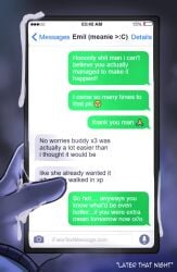 2boys 2femboys 2males bootydox cum cum_on_hand dialogue dox_(bootydox) emil_(elgkonsfw) english_dialogue english_text original original_character original_characters text text_focus texting