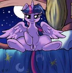 2015 alicorn bed clitoris cultmastersleet equine female friendship_is_magic fur hair hooves horn inside licking licking_lips looking_at_viewer mammal moon my_little_pony navel on_bed pillow presenting purple_eyes purple_fur pussy pussy_juice smile solo spread_legs spreading tongue tongue_out twilight_sparkle_(mlp) underhoof wings