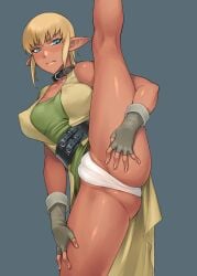 1girls ass bang-you blonde_hair blue_eyes breasts cameltoe clothing_aside collar covered_nipples dark-skinned_female dark_elf dress elf embarrassed gloves leg_grab legs legs_up lifting_leg looking_at_viewer panties partially_visible_vulva pointy_ears short_hair standing_on_one_leg thick_thighs