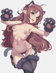 1girls 2024 alternate_costume arknights brown_hair brunette_hair cat_ears cat_paws fake_animal_ears fake_tail hetima0112 hi_res inverted_nipples long_hair midget myrtle_(arknights) nude nude_female pointy_ears pose posing simple_background small_breasts solo standing