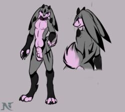 1boy anthro balls claws collar demon fur horn lagomorph looking_at_viewer male male_only mammal model_sheet muscles namarx7 nipples nude pawpads paws pecs rabbit saix_esh sheath smile solo toe_claws